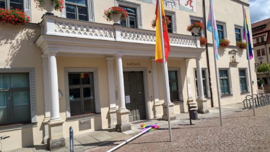 Bild von den Fahnenmasten vor dem Rathaus in Pirna