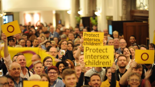 Gruppenfoto von der ILGA conference 2018. Menschen halten Plakate mit der Inter* Flagge hoch oder mit der Auschrift "Protect Intersex children!"